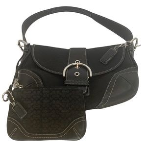 Coach Soho Black Leather Handbag Signature Hobo AND Jacquard/Leather  Wristlet.